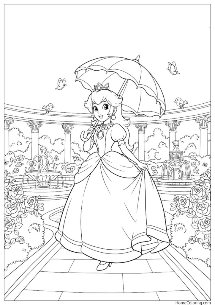 Prinzessin Peach Ausmalbild, die mit einem Regenschirm durch einen Garten mit Brunnen und Rosen spaziert.