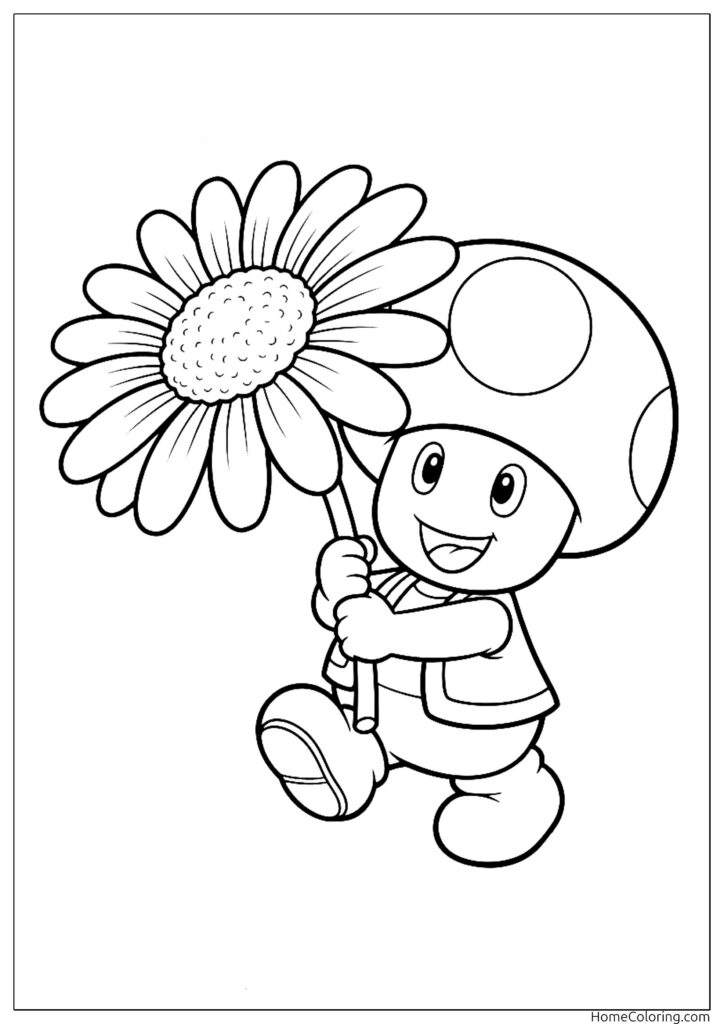 Toad character from a coloring page holding a large daisy.
