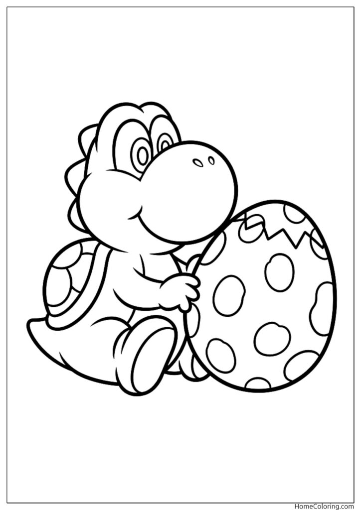 Baby Yoshi coloring page holding a spotted egg.