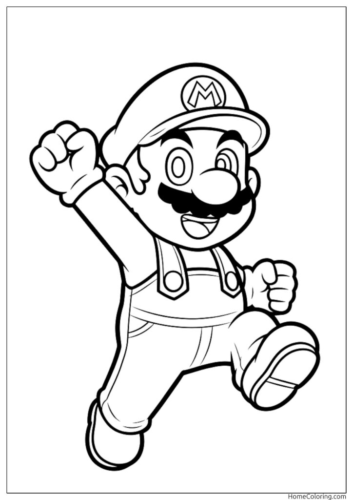 Mario Ausmalbild mit dem fröhlichen Klempner aus dem Pilzkönigreich, der jubelnd die Hand hebt.