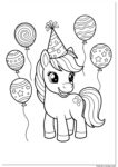Birthday horse coloring page with a cute pony wearing a party hat and surrounded by festive balloons.