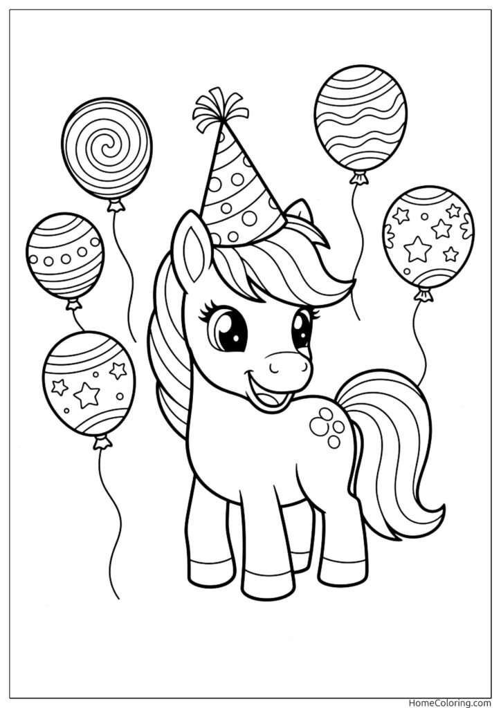 Birthday horse coloring page with a cute pony wearing a party hat and surrounded by festive balloons.