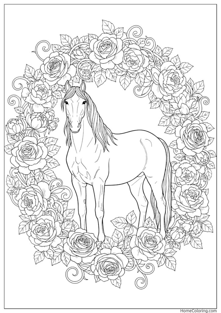 Horse coloring page featuring a majestic horse standing inside a beautiful circular frame of blooming roses.