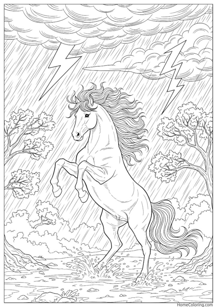 Realistic horse rearing up in a dramatic storm with rain and lightning flashes in the sky.