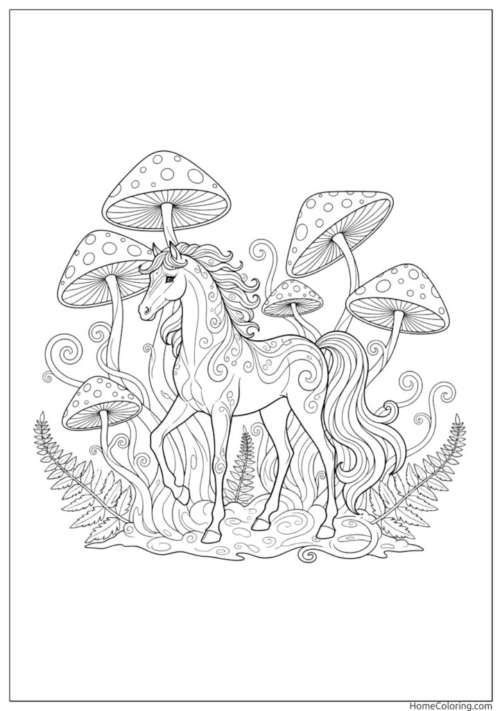 Cute horse surrounded by a magical forest of large, whimsical mushrooms and swirling ferns.