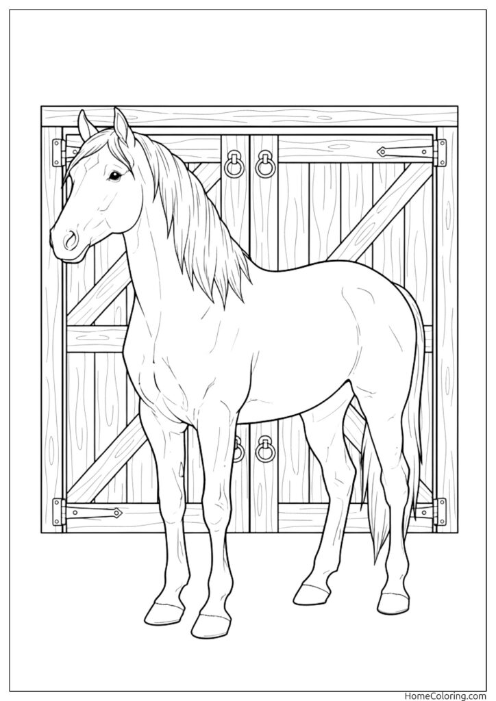 Easy horse drawing for kids featuring a majestic stallion standing in front of rustic wooden barn doors.
