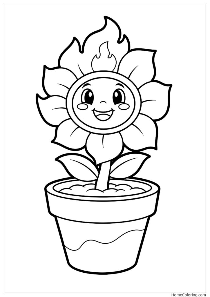 Fire Flower coloring page featuring a smiling cartoon flower with flames on its head, potted in a decorative pot.