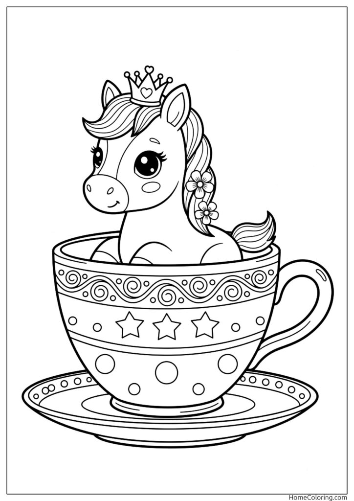 Horse coloring page featuring a cute baby pony wearing a crown and sitting inside a decorative teacup.