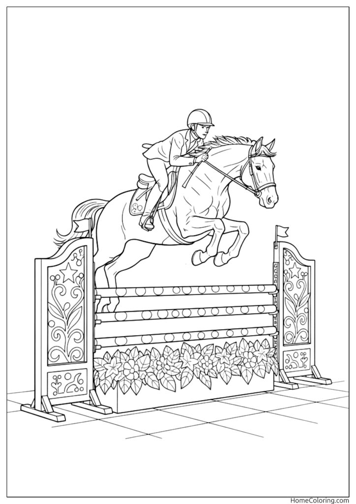 Horse rider jumping over an obstacle, featuring a competitive equestrian athlete mid-jump during a show jumping event.