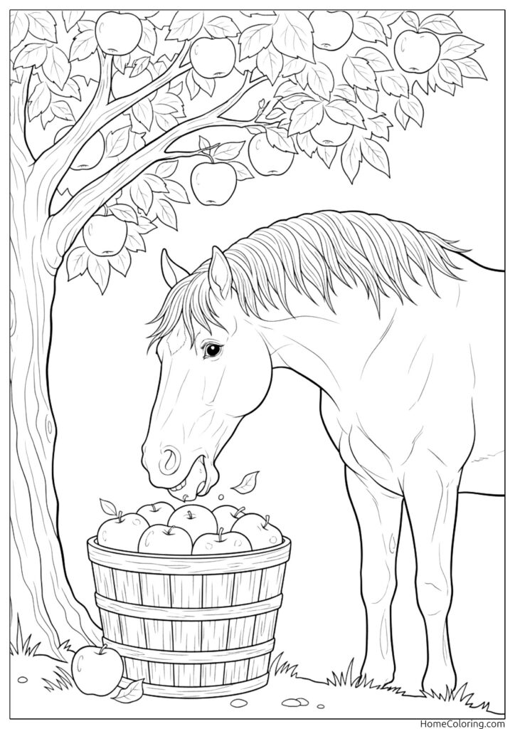 Horse with an apple, a gentle animal snacking on fresh fruit from a wooden basket under a bountiful tree.