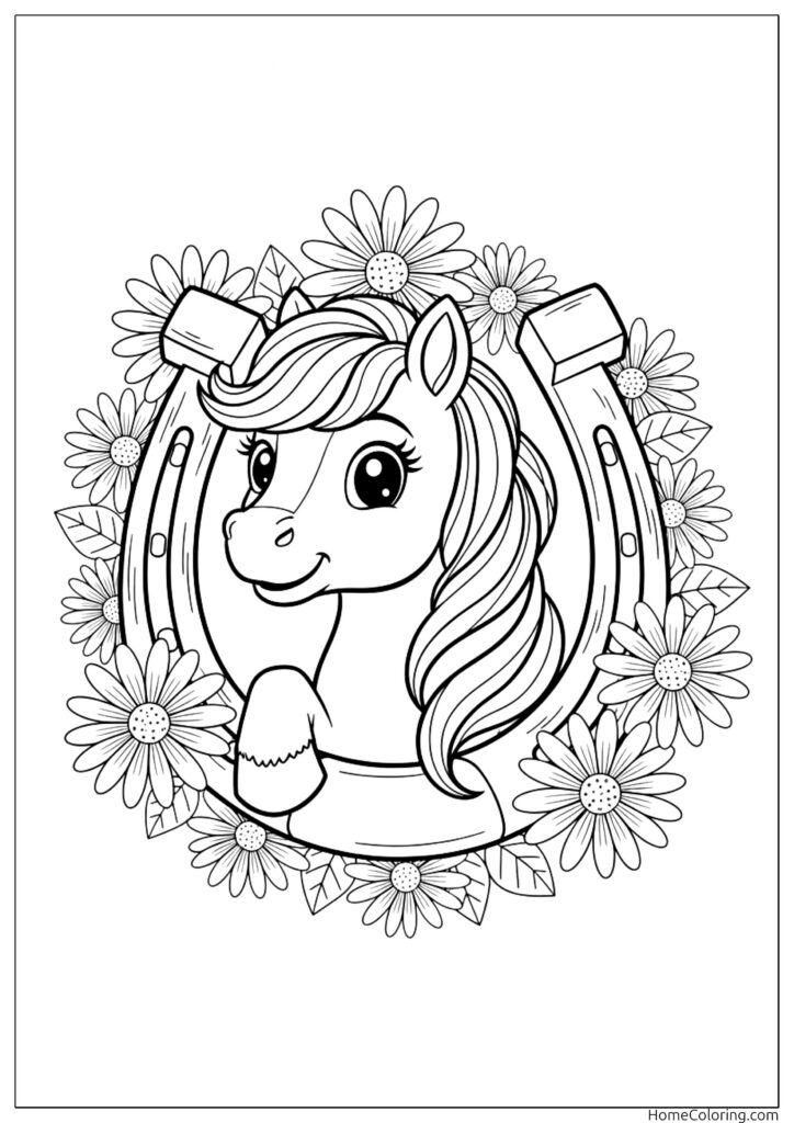 Horse with horseshoe surrounded by beautiful daisy flowers.