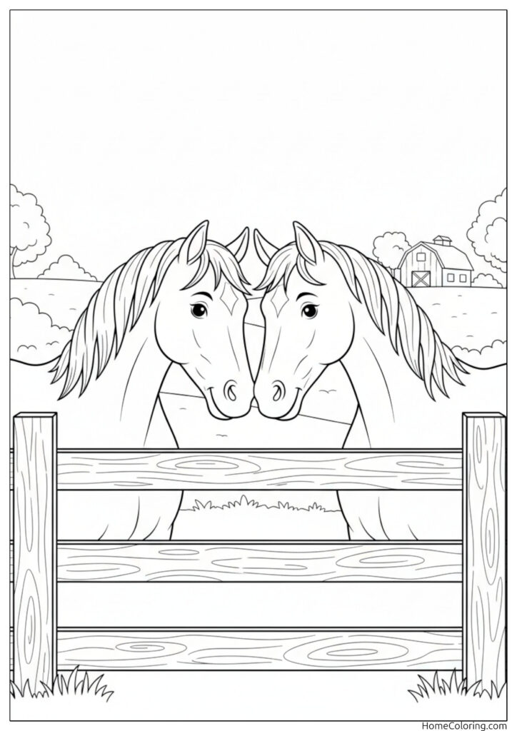 Horses on the farm with two friendly ponies standing behind a rustic wooden fence on a sunny day.