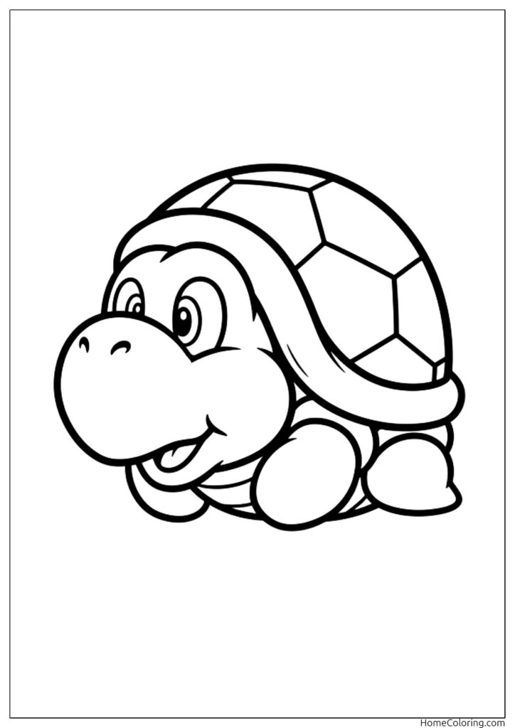 Koopa Troopa Schildkröte mit freundlichem Gesicht und einem großen Panzer auf dem Rücken.