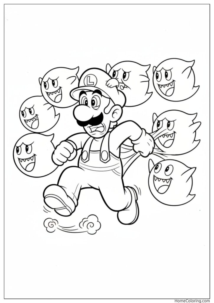 Luigi Ausmalbild mit dem berühmten Klempner, der vor einer Gruppe von grinsenden Buhu-Geistern flieht.