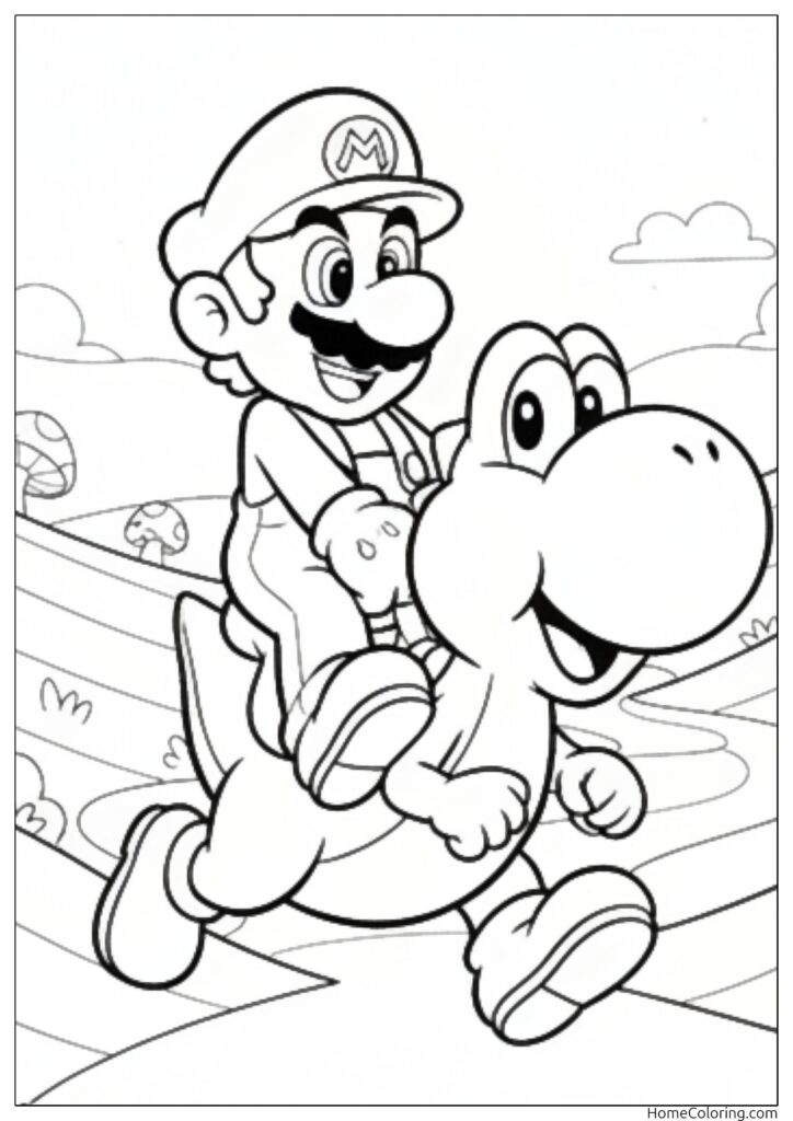 Mario y Yoshi corriendo juntos a través de un paisaje lleno de champiñones y colinas.