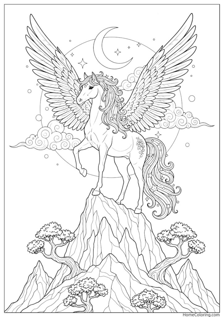 Pegasus flying: majestic winged horse standing on a mountain peak against a crescent moon and clouds.