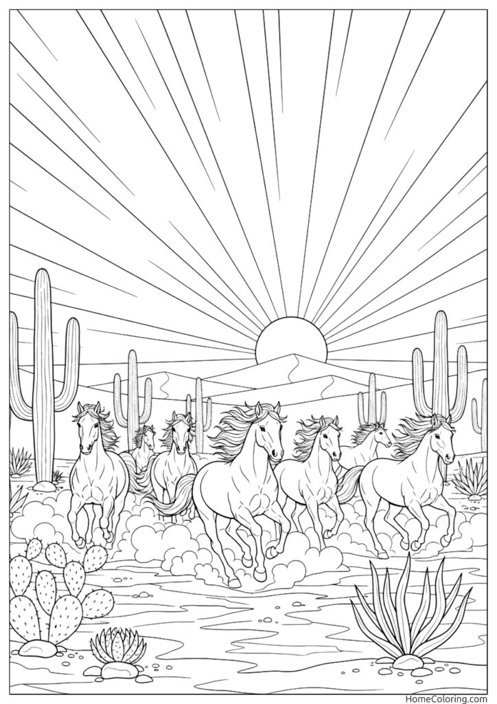 Realistic horse coloring page showing a herd of horses galloping through a desert landscape with cacti and a sunset.