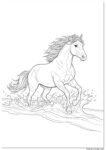 Stallion coloring sheet featuring a powerful horse running and splashing through water.