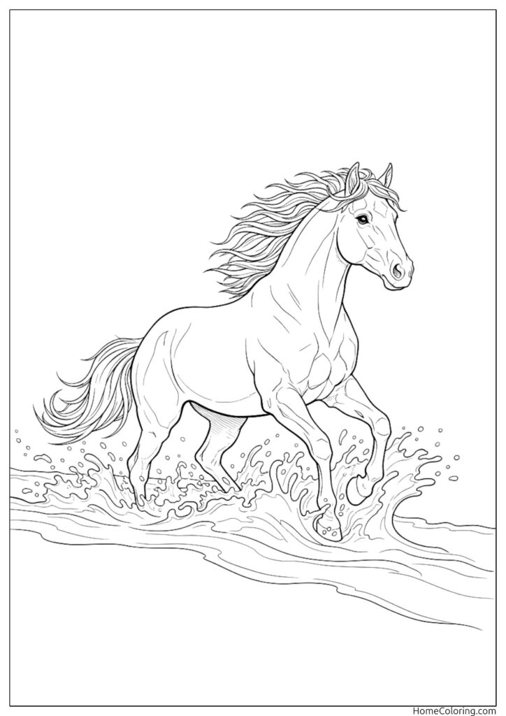 Stallion coloring sheet featuring a powerful horse running and splashing through water.